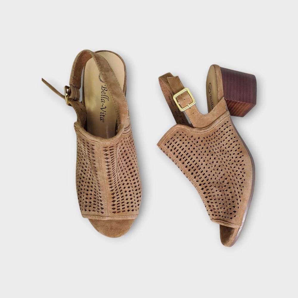 Bella Vita Perforated Suede Slingback Block Heel Sandals Tan 9.5M